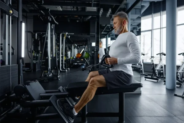 Senior man performing cable row exercise with exercise physiologist Melbourne guidance demonstrating health and fitness progressions for older adults